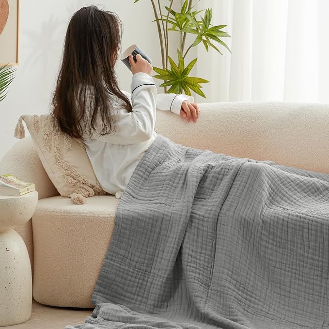 Love's cabin 100% Cotton Muslin Blanket, 6 Layer Lightweight Breathable Gauze Throw Blanket 50 x 60 Inches, Soft All Season Blanket for Couch, Bed, Sofa, Medium Grey