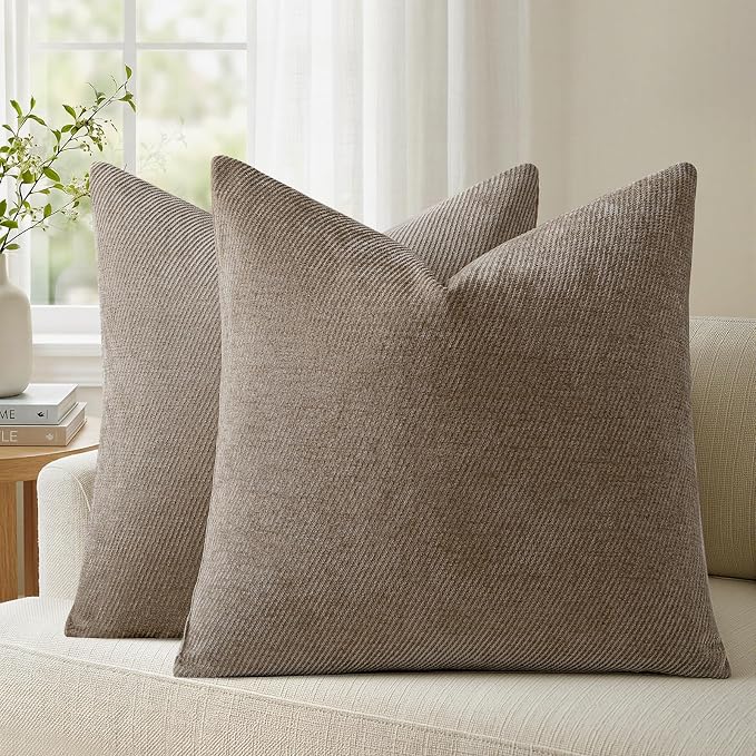 a moment Pack of 2 Decorative Chenille Throw Pillow Covers with Twill Cushion Covers for Sofa Living Room Couch Bed 20x20 Inch Dark Brown