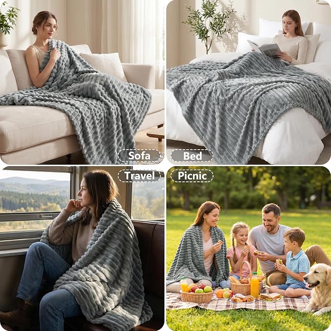 Gray Throw Blanket for Couch & Bed, 50 x 60 Inch | 300GSM Ribbed Fleece Blanket, Soft, Cozy & Lightweight, OEKO-TEX Certified, All-Season Use for Travel, Dorm & Home Decor
