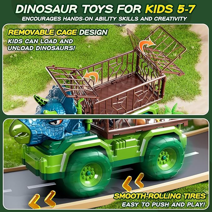 Dinosaur Cars Truck Toys for Kids 3-5 with 8 Dinosaur Figures, Activity Play Mat, Dinosaur Egg, Trees, Jurassic Play Set for Boys and Girls Ages 5-7