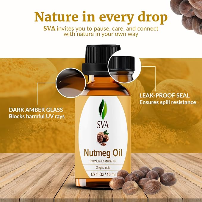 SVA Nutmeg Essential Oil 1/3 Fl Oz – for Diffuser, Skin & Hair Care – Ideal for Massage & DIY Blends - with Dropper