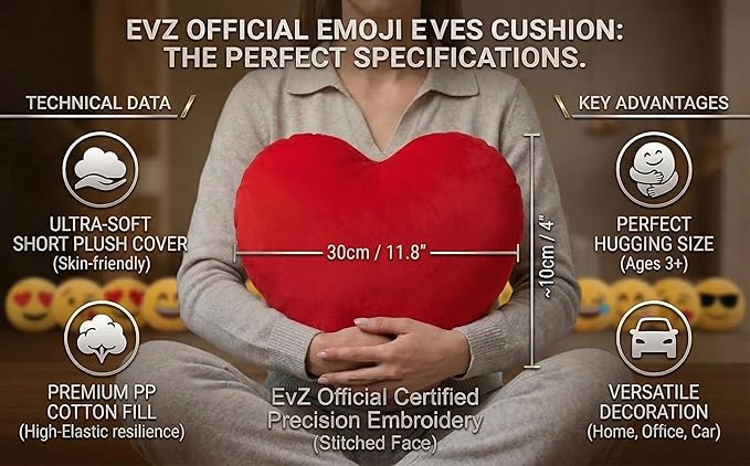 EvZ Official Certified Heart Emoji Pillow - 31cm Large Soft Plush Solid Red Heart-Shaped Emoticon Cushion - Official Emoji Licensed Romantic Gift for Valentine's Day, Anniversary & Wedding (Red)