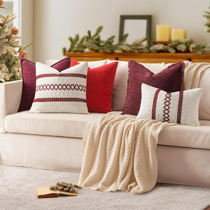 MIULEE Decorative Couch Throw Pillow Covers 18x18 Inch Burgundy Red 2 Pack | Farmhouse Pillow Covers with Stitched Edge, Soft Chenille Cushion Cases, for Sofa Bed Living Room Home Decor