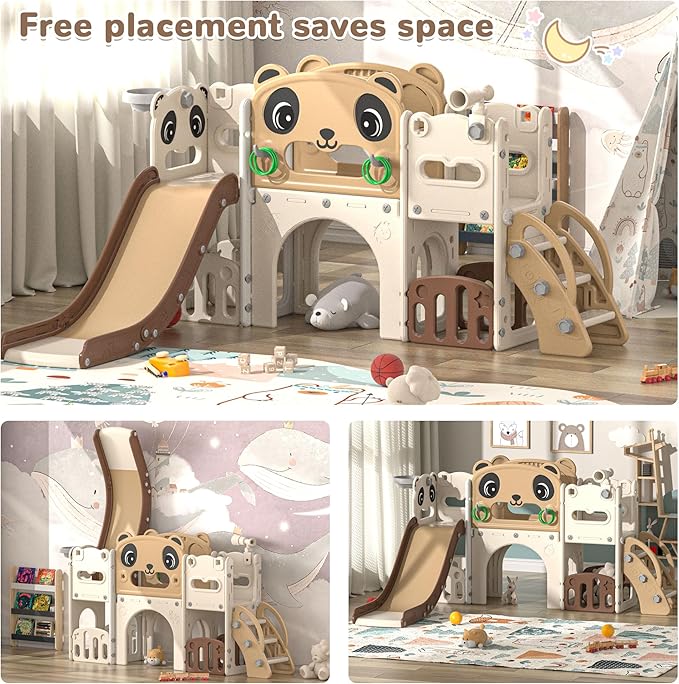 NYEEKOY 9-in-1 Toddler Slide and Climber Set Indoor Outdoor Slide Playset for Kids Age 1-8, Freestanding Backyard Playground with RNG Toss, Basketball Hoop,Telescope, Storage Space