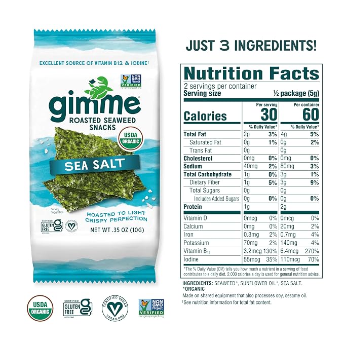 Gimme Seaweed Organic Premium Roasted Seaweed Snacks, Sea Salt, 12 Count Sharing Size, Keto, Vegan, Gluten-Free, Great Source of Omega3s and Iodine, Healthy On-The-Go Snack for Kids and Adults