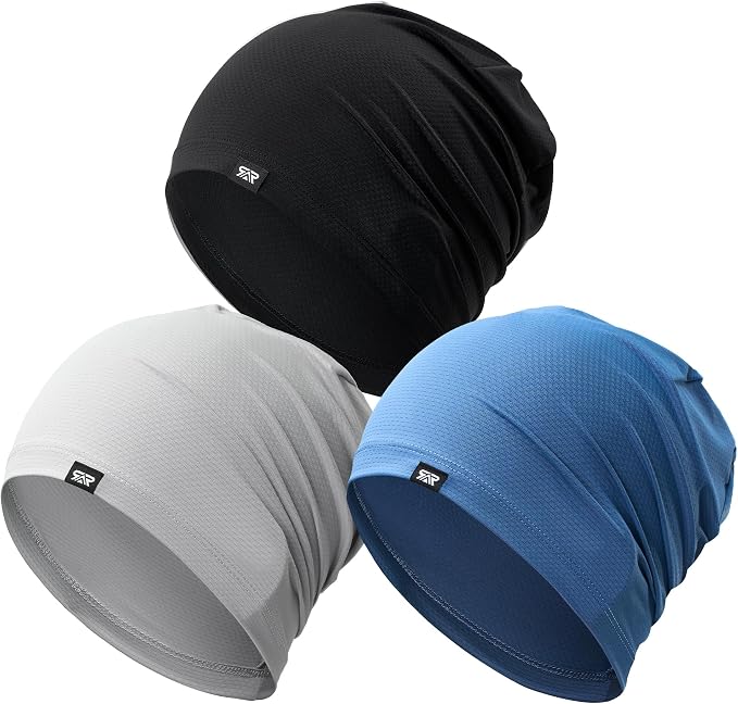 QINGLONGLIN Cooling Skull Cap Sweat Wicking Breathable for Men Women 3 Pack | Lightweight Quick Dry Beanie & Helmet Liner, Stretch Non-Slip Fit Under Hard Hat, Construction Gym Cycling Running Workout