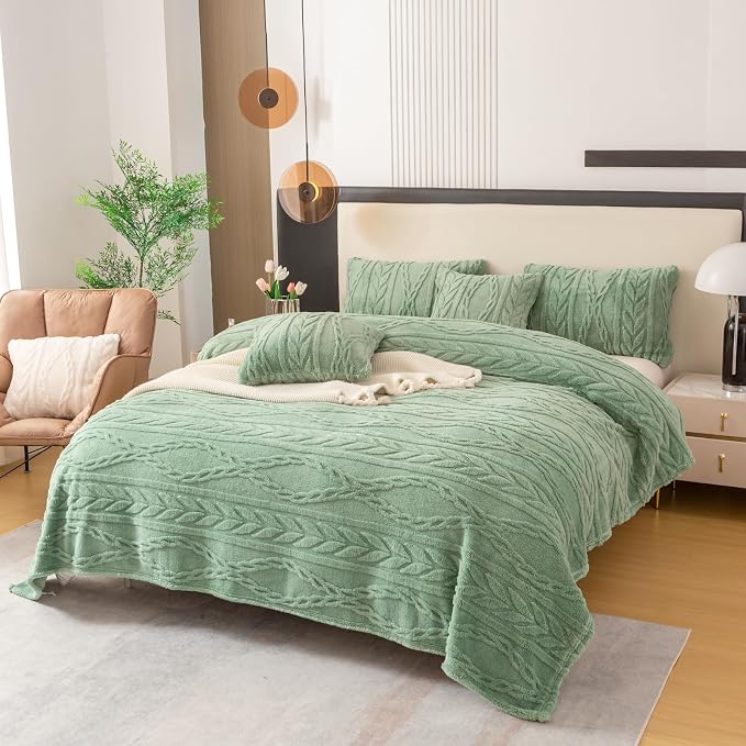 YUSOKI Sherpa Fleece Queen Size Blanket, Sage Green, 90"x90" | 3D Stylish Design,320GSM, Non-Shedding, Lightweight for All Season Use, stays fluffy after repeated washes, Perfect Gifts