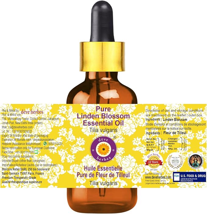 dève herbes Linden Essential Oil (Tilia vulgaris) with Glass Dropper | Pure | Non-Sticky | Non-Greasy | Lightweight | Men & Women | All Skin Types | Steam Distilled 5ml (0.16 oz)