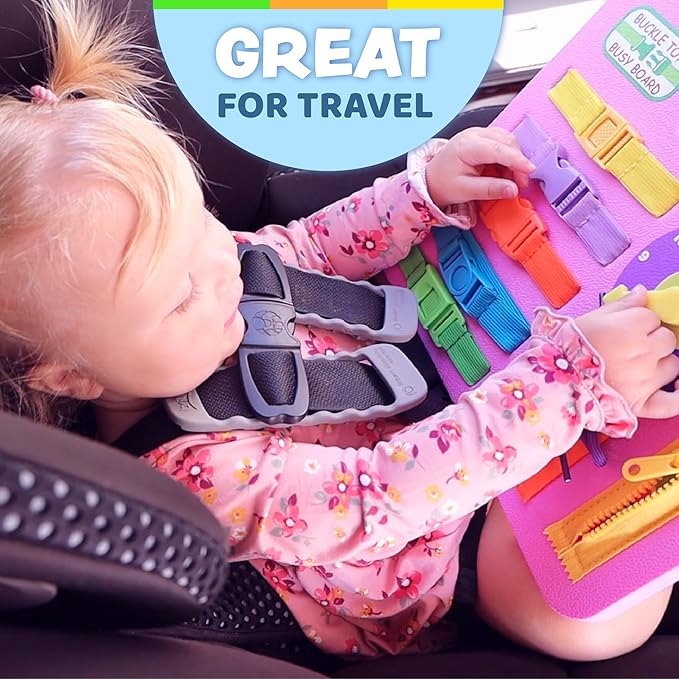 Buckle Toys Busy Board - Montessori Learning Toy for Toddlers Great Kids Road Trip Essentials - Foam Sensory Board - Develop Fine Motor Skills - Pink