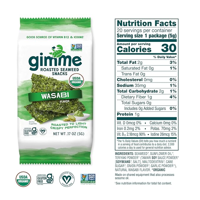 Gimme 20 CT Wasabi Organic Roasted Seaweed Snacks, 5g, 0.17oz