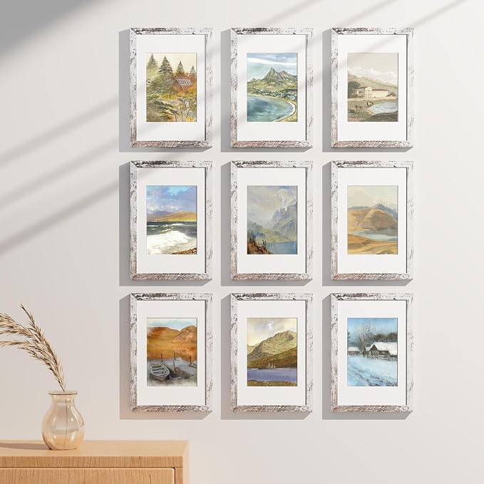 Vittanly 8x12 Picture Frames Set of 9, Wall & Tabletop, Distressed White | Display Pictures 6x8 with Mat or 8x12 without Mat, Engineered Wood with Shatter Resistant Plexiglass, Gallery Photo Frames