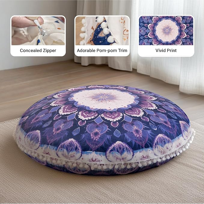Meditation Cushion Set of 2, Round Floor Pillow Seating for Adults, Bohemian Mandala Yoga Cushion, 32" Extra Thick Memory Foam Removable Washable Cover, Ideal Gift Holiday Decor, Purple