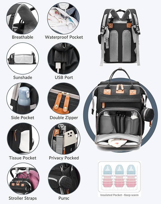 Astro alan Baby Diaper Bag with Changing Station, Waterproof Diaper Bag Backpack for Moms Dads with USB Charging Port, Baby Shower Gifts, Large Capacity diaper backpack, Black