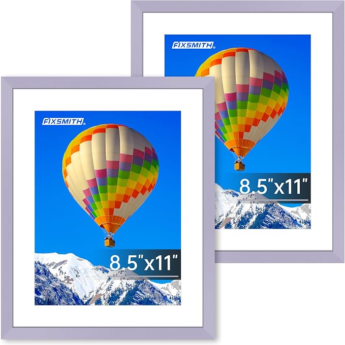 FIXSMITH 8.5x11 Picture Frame Set of 2, Purple Photo Frame with HD Plexiglass, Display Pictures 6x8 with Mat or 8.5x11 Without Mat, Black Picture Frames Collage Wall Decor, Gallery Wall Frame