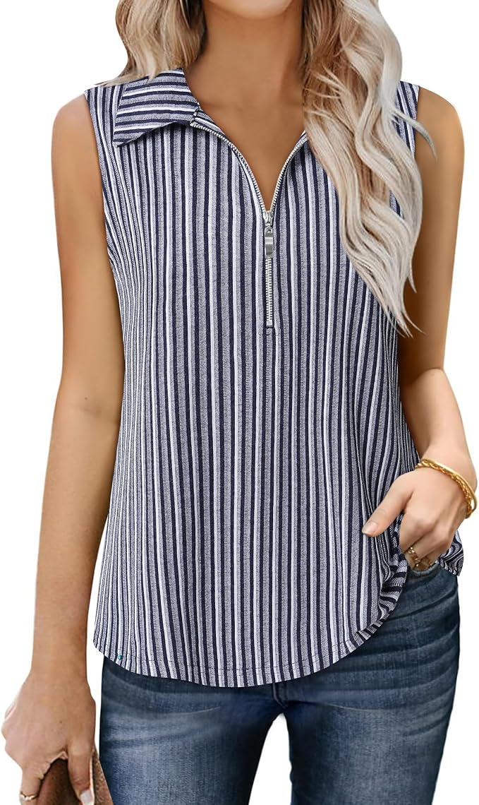 Vivilli Womens Ribbed Tank Top Zipper V Neck Dressy Casual Blouses Sleeveless Camisole Tops Work Tank Polo Shirts