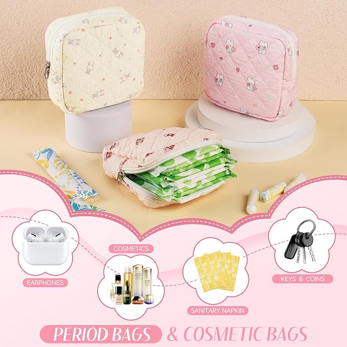 Likesing Quilted Period Bag, Period Pouches for Teen Girls Womens, Portable Floral Print Sanitary Napkin Storage Bag Feminine Emergency Tampon Pad Pouch(Cherry White)
