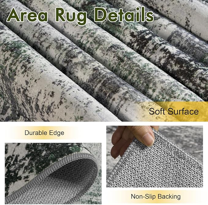 5x7 Ft Area Rugs for Living Room, Soft Non-Slip Washable Rugs Modern Abstract Pattern Carpet for Bedroom Indoor Floor Nursery Home Decor (Grey/Green)