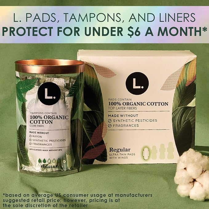 L. Tampons, Made with Organic Cotton, Super/Super Plus Absorbency, Multipack, Made Without Synthetic Pesticides, Rayon or Fragrances, Applicator Made Without BPA, Leak-Stopping Design, 36 Count