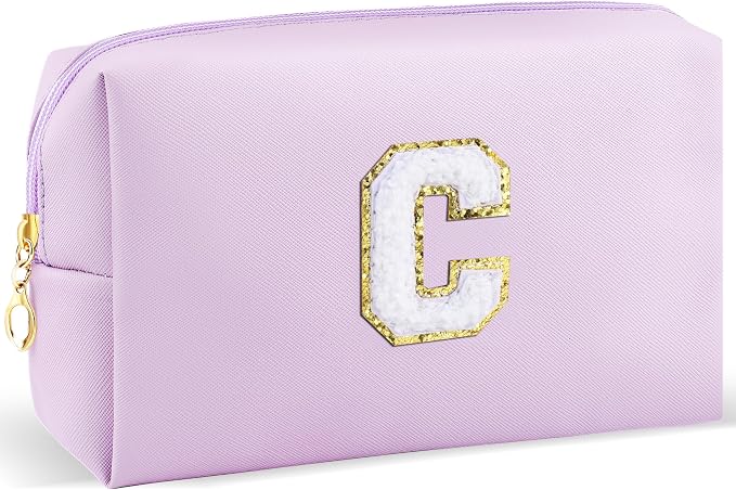 URSKYTOUS Gifts for Girls Initial Makeup Bag Personalized Cosmetic Bag with Zipper Cute Travel Toiletry Bag Waterproof PU Preppy Makeup Pouch Birthday Gift for Teen Girls Women(Purple C)