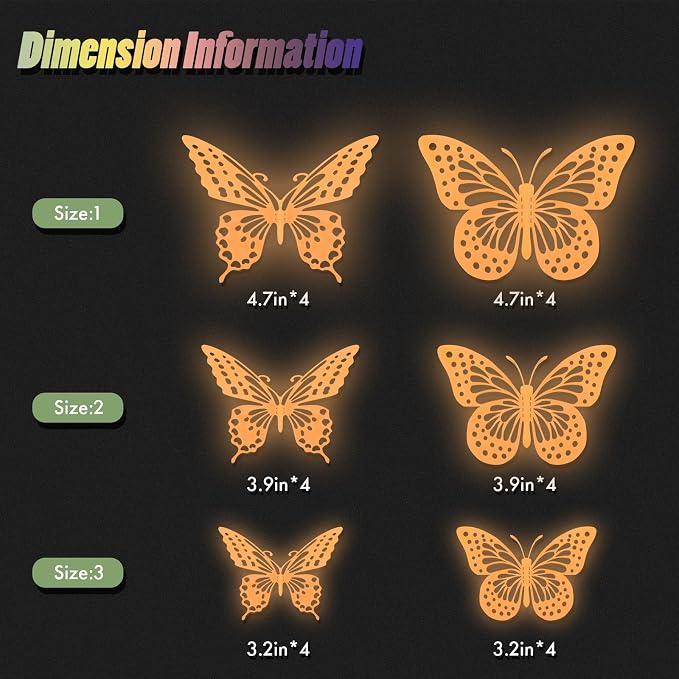SAOROPEB Glow in The Dark 3D Butterfly 24 Pcs Orange Butterfly Stickers | 3 Sizes, Luminous Butterfly Stickers for Ceiling all, Glow in The Dark Party Supplies, Stickers for Kids Babys Nursery