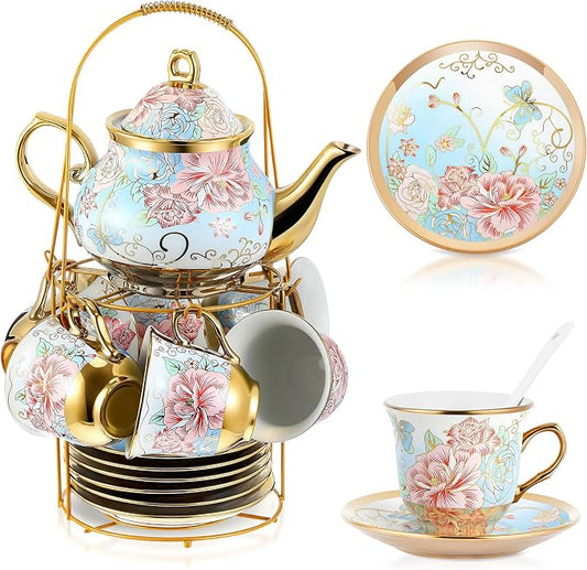 Zhehao 20 Pcs Porcelain Tea Set with Metal Holder and Spoon Adult Ceramic Tea Set European Flower Painting Teapot Cup Saucer Spoon for Women Mom Gift, Large Version (Vivid Style)