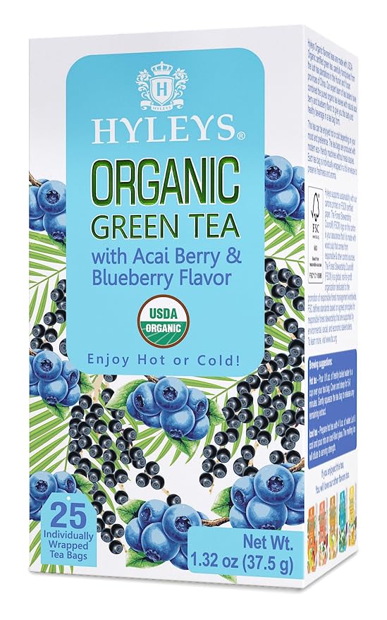 HYLEYS Organic Green Tea, Acai Berry and Blueberry Flavor, 150 Individually Wrapped Tea Bags (6 Pack of 25) - USDA Organic - Kosher & Vegan