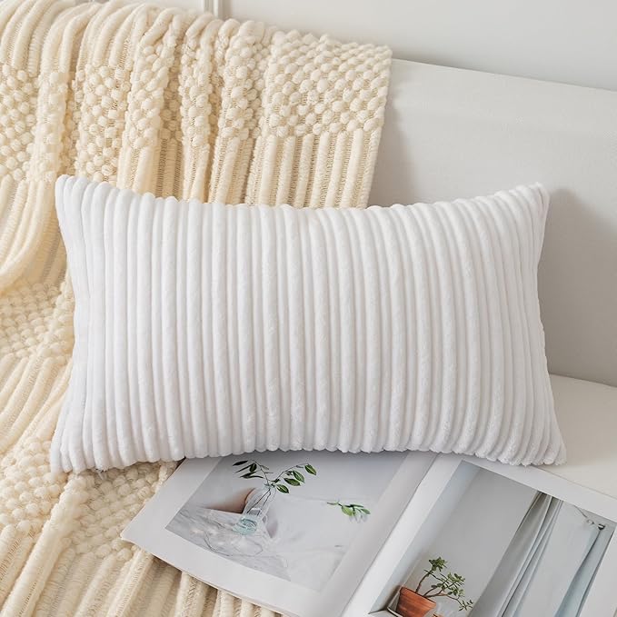 UGASA 12x24 Inch Pillow Cover Pack of 1 Soft Boho Stripe Corduroy Long Rectangular Lumbar Cushion Cover Farmhouse Decorative Throw Pillowcase for Bed, Couch, Sofa, Bedroom, Living Room, Pure White