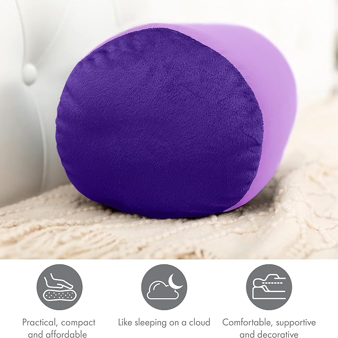 Microbead Bolster Neck Roll Pillow, Gently On Body, Head, Neck & Shoulders No Pain Rest, Relax Sleep - Silky Feel Prevent Wrinkles & Hair Breakage - Lightweight Cylinder, 14" x 8", Paril Purple