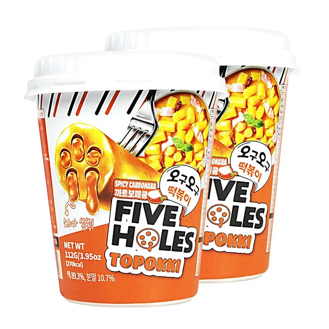 Five Holes Topokki Spicy Carbonara Flavor, Instant Korean Rice Cakes, 3.95oz (Pack of 2)