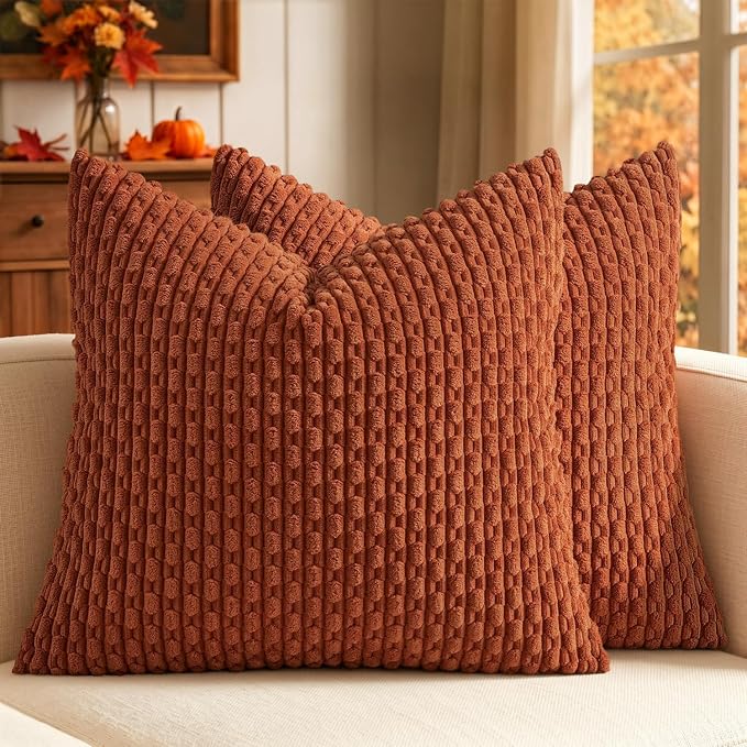 MIULEE Euro Sham Fall Decorative Throw Pillow Covers 22x22 Rust Corduroy | Terracotta Textured Striped Pack of 2 Striped Pillow Covers Modern Farmhouse Autumn Home Decor for Couch Bed Sofa Living Room
