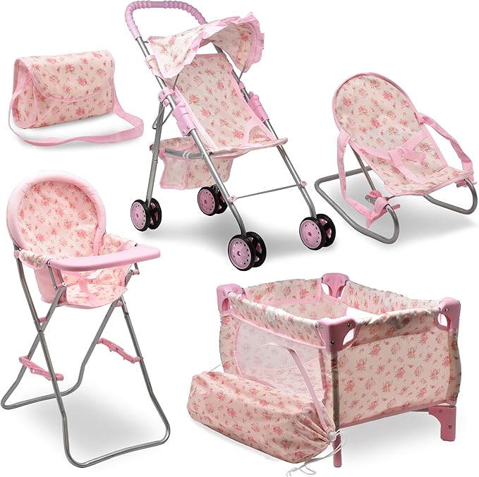 Baby Doll Stroller Bed and Seat Nursery Playset, Baby Doll Accessories Furniture Set High Chair Diaper Bag Role Play Deluxe Baby Doll Floral Set