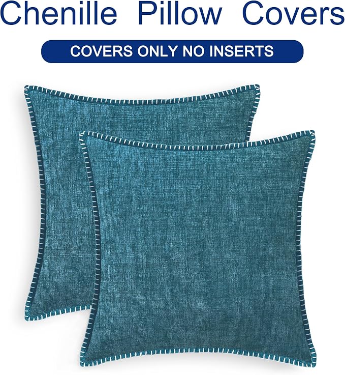 CaliTime Decorative Couch Throw Pillow Covers 22 X 22 Inches Ocean Blue | Pack of 2, Cozy Chenille Cushion Cases, Cotton Thread Stitching Edges, for Sofa Bed Living Room Farmhouse