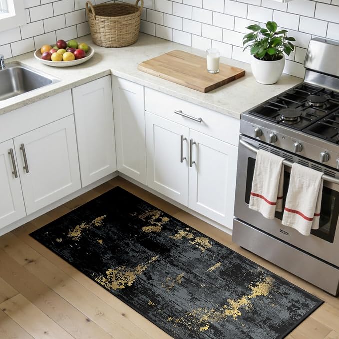 RELEANY Washable 2'x5' Abstract Area Rug for Living Room Black Gold | carpet for bedroom, kitchen, office, hallway and entryway, printed pattern, non-slip, soft, stain-resistant, easy to clean