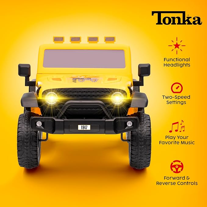 Tonka - 12V Kids Ride On with Rechargeable Battery, LED Headlights, Press-Button Start, Durable Wheels, Forward & Reverse Drive, Contoured Seat