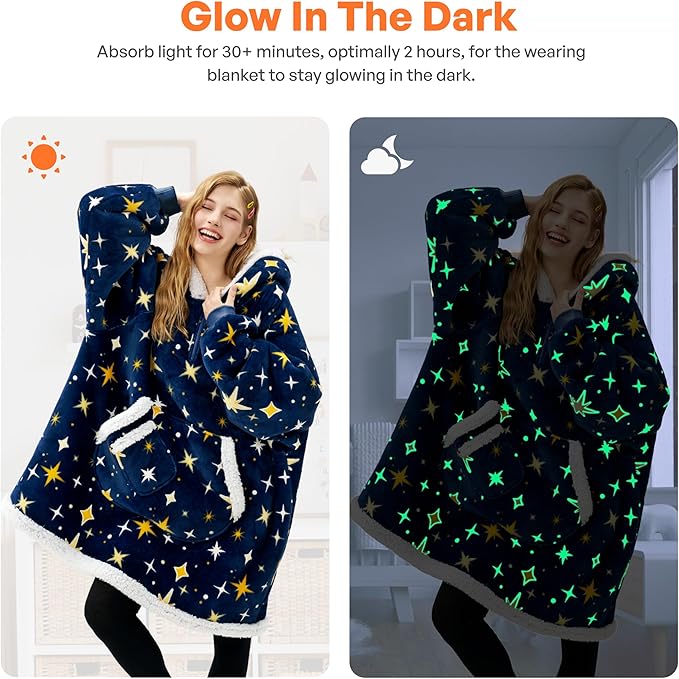 Giggling Getup Wearable Blanket Hoodie for Adults Gifts for Teen Girls Sister Women Sherpa Fleece Printed Hooded Blanket Sweatshirt Warm Cozy with Pocket & Sleeves Dark Blue Glowing Stars