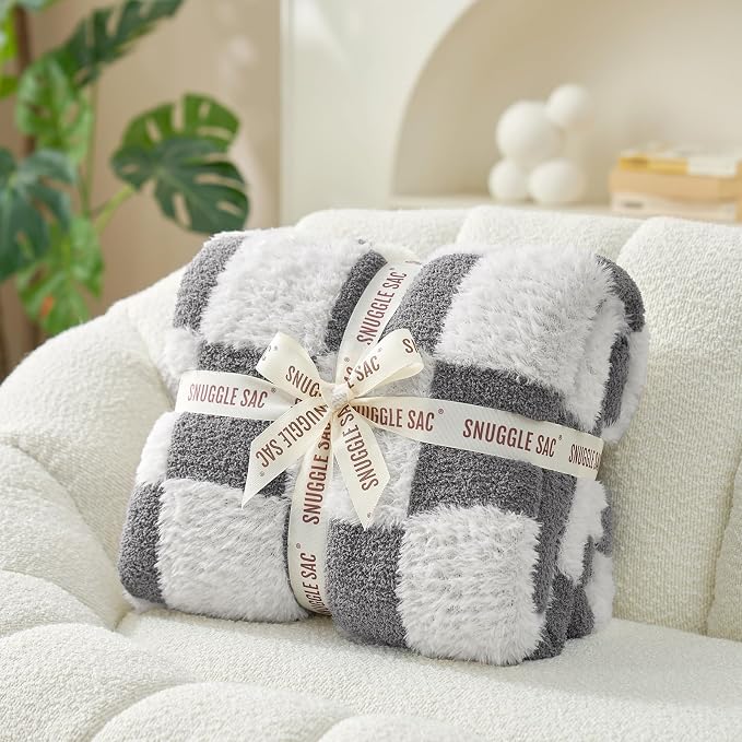 Snuggle Sac Faux Fur Throw Blanket for Couch, Cozy Soft Warm Blankets for Sofa Bedroom Living Room,Grey Checker,50x60 inches