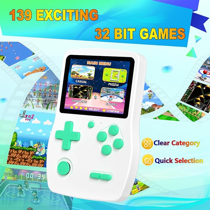 32 Bit Handheld Games for Kids Preloaded 139 Video Games, Portable Video Gaming Player with 3.0" IPS Screen and Rechargeable Battery, Mini Travel Games Electronic Gifts Toys for Boys Girls, White