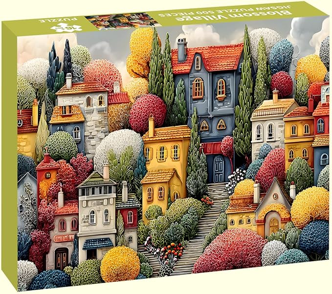 Puzzles for Adults 500 Pieces, Colorful Town Jigsaw Puzzles - Blossom Village, Impossible Colorful Town Puzzles for Seniors Family, 20.47x14.96 inches, 1:1 Poster, Letter on The Back