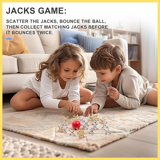 Classic Pick Up Sticks and Jacks Game with Ball Set, Includes Red Rubber Balls, Gold and Silver Metal Jax, Colorful Pick Up Sticks, Storage Box and Bag, Fun Retro Game for Kids Adults Family