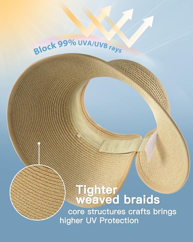 FURTALK Womens Sun Hat with Ponytail Hole Wide Brim Beach Straw Visor | Foldable & Packable for Beach Vacations, Adjustable Fit for Messy Buns, Detachable Windproof Strap, Sweat-Wicking Inner Band