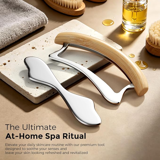 Muscle Scraper Tool, 2 in 1 Stainless Steel Gua Sha Tool for Body with Wooden Handle, Muscle Scraper Scraping Massage Tools for Physical Therapy, Fascia Scrapers for Back Legs Arms Shoulder