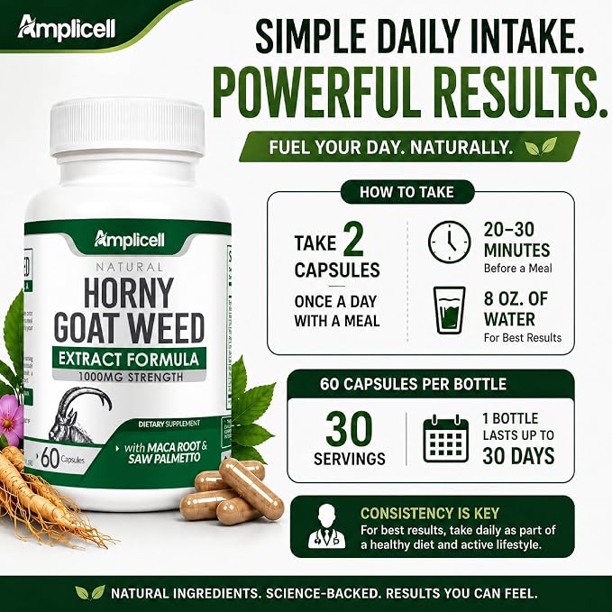 Horny Goat Weed Complex Supplement with Maca Root, Tongkat Ali, L-Arginine & Panax Ginseng – Energy, Stamina, Circulation & Vitality Support for Men & Women – Herbal Adaptogen Blend – 60 Capsules