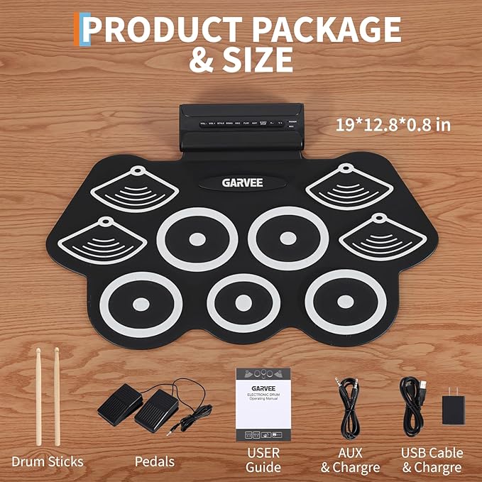 9 Pads Bluetooth Electric Drum Set, Portable Roll Up Electronic Drum Pad with Headphone Jack, Pedals & Sticks, Recording Function, Great Holiday Xmas Birthday Gift for Kids