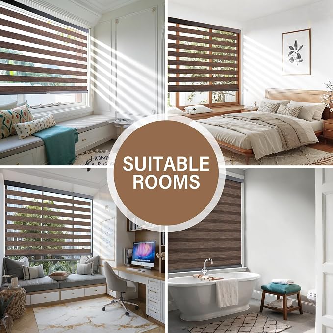 AOSKY Cordless Zebra Blinds for Windows Pull Down Roller Window Shades Dual Layer Light Filtering Privacy for Day and Night, Free-Stop Door Shades for Home Easy to Install Brown 30.5" W X 72" H