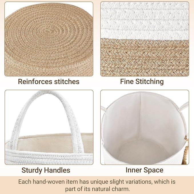 Mkono Woven Storage Basket for Blanket, Toys Plant Organizer, 11"W x 11"L | Cream White and Brown, Decorative Basket with Handle, Wood Beads Tassel, Shoes Towel Storage Bin, Living Room Bedroom Nursery