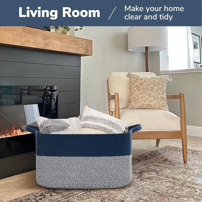 Goodpick 75L Extra Large Woven Blanket Basket, 22" x 17" x 12", Blue | Decorative Storage Basket for Blankets, Clothes & Toys, Living Room & Home Organization, Rectangle Design, Reinforced Handles
