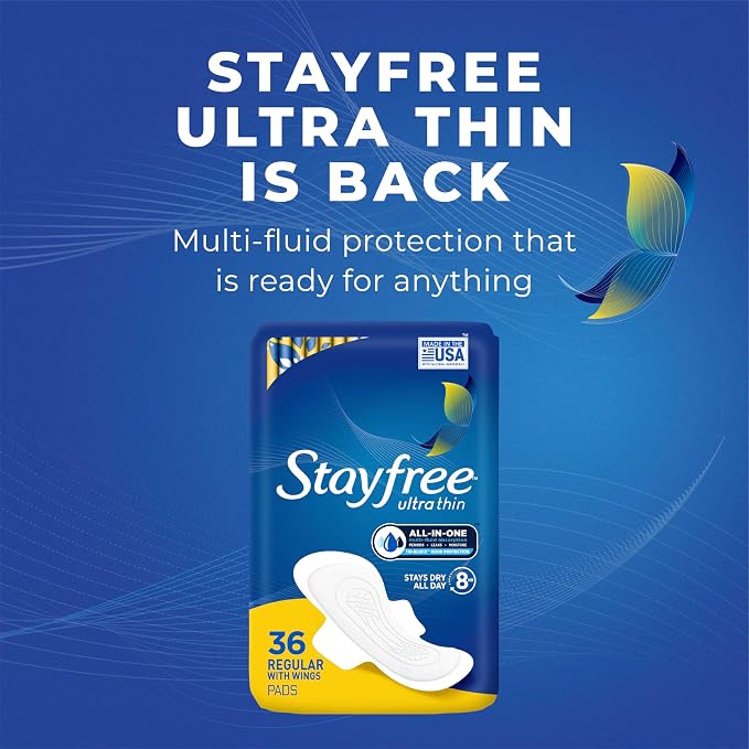 Stayfree Ultra Thin Regular Pads with Wings For Women, Reliable Protection and Absorbency of Feminine Moisture, Leaks and Periods, 36 count (Pack of 1)