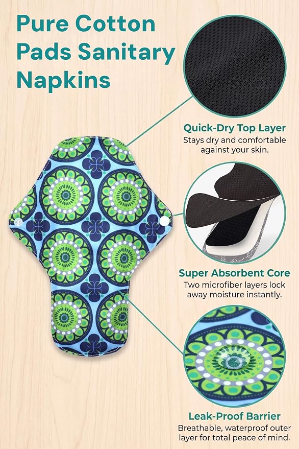 Pure Cotton Pads Sanitary Napkins,Washable Menstrual Pads,Reusable Incontinence Pads,with 1 Storage Bag,Panty Liners Pads Period for Women/Postpartum/Incontinence Patients.Blue 2*（S+M+L）