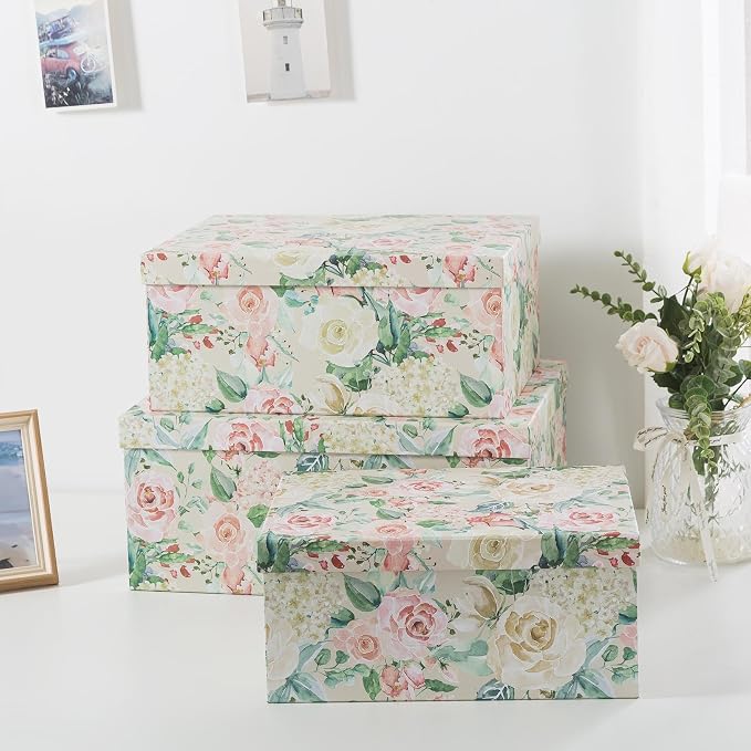 Soul & Lane - Blooming Rose Decorative Storage Boxes with Lids, Set of 3 | Large Nesting Cardboard Keepsake Boxes for Photos and Memories, Floral Photo Storage Containers for Home Decor