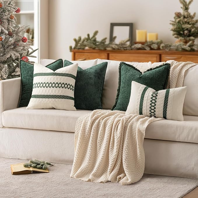 MIULEE Set of 2 Dark Green Boho Decorative Lumbar Pillow Covers 12x20 Inch | Farmhouse Couch Throw Pillows, Modern Cotton Cushion Cover, Macrame Woven Home Decor for Bed Sofa Chair